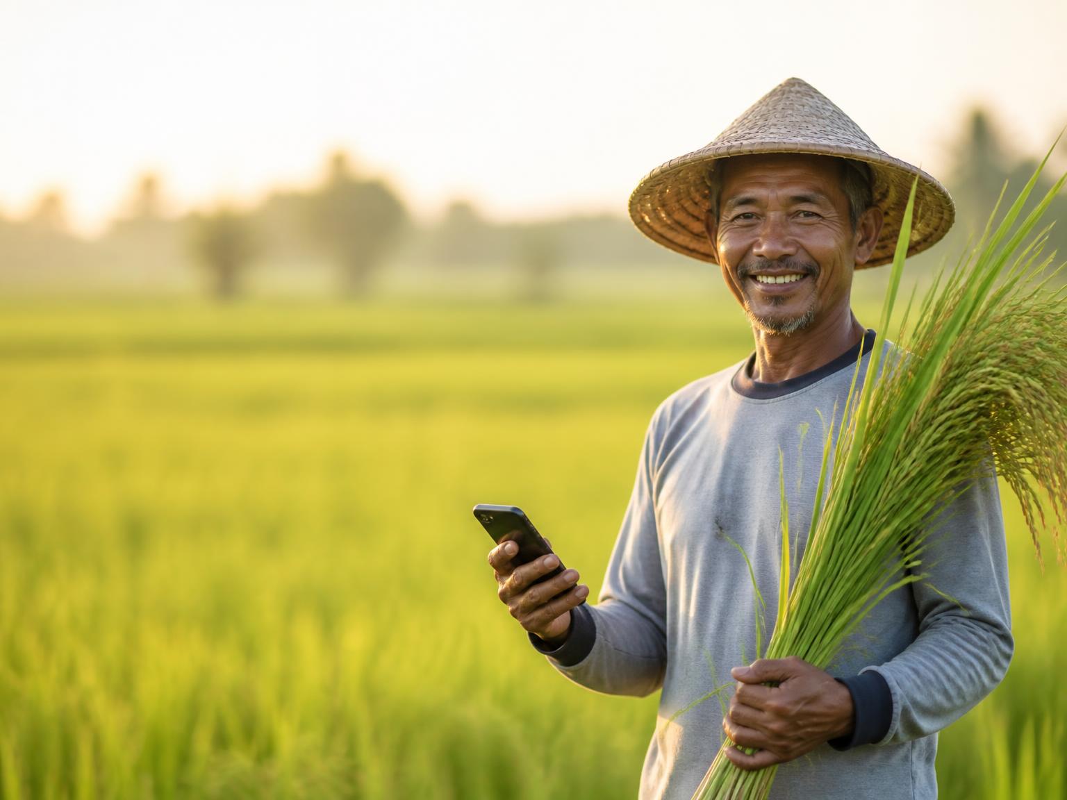 Mang Tani, petani padi Indonesia yang tersenyum sambil memegang tanaman padi sehat dan ponsel di tengah sawah hijau